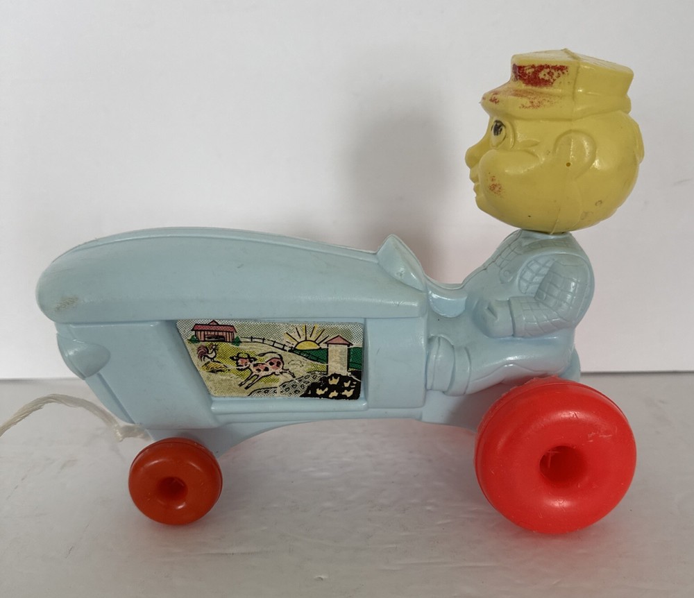 Empire Tractor Farmer Bobble Head Pull Toy Blow Mold Original Pull String Rare