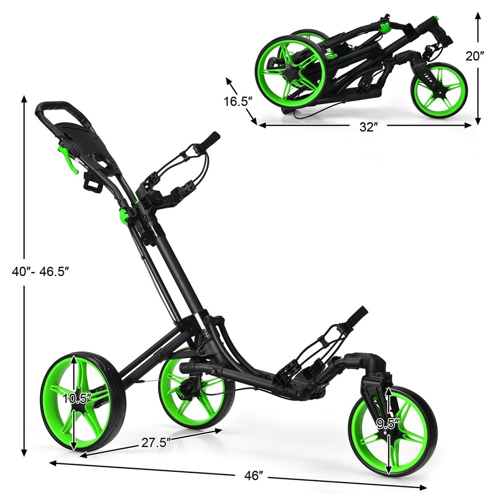 3 Wheels Foldable Golf Push Pull Cart Trolley w/ Adjustable Handle Brake Green