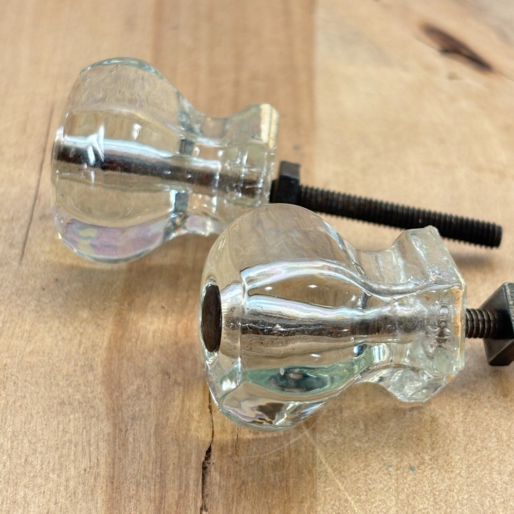 Pair Vtg Small Glass Drawer Pulls Knobs, 1.25"dia ONE W CHIP