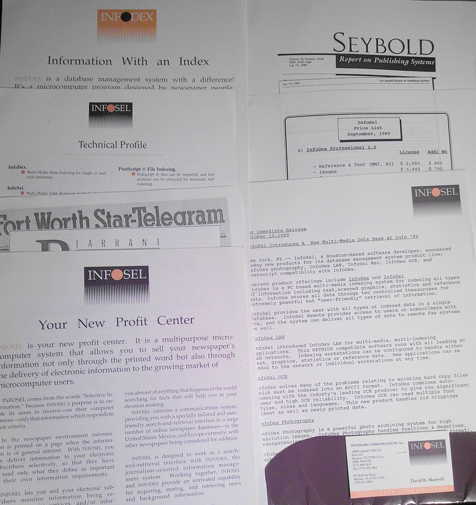 1989 Infosel Press Kit -Introducing Infodex multi-media database for journalists