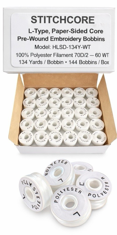 STITCHCORE L-Type Paper-Sided Core Polyester Embroidery Bobbins 134 Yards 144 P…