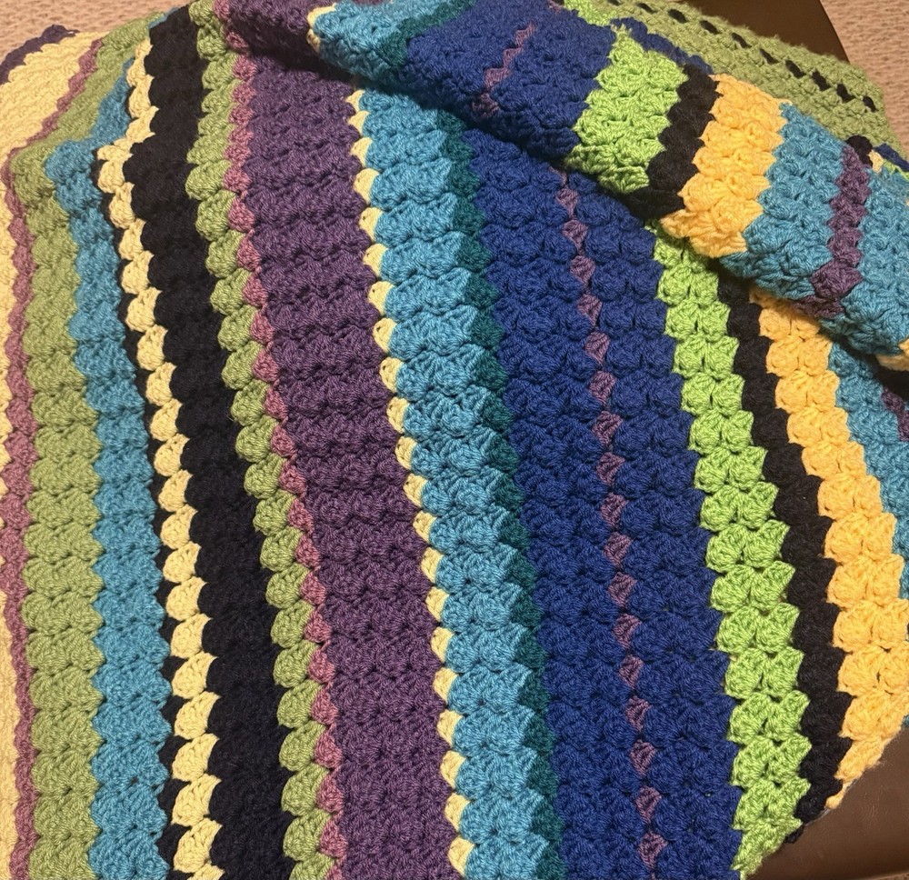 Hand Crocheted Striped Blanket Throw 45x80 Multicolor Handmade Afghan