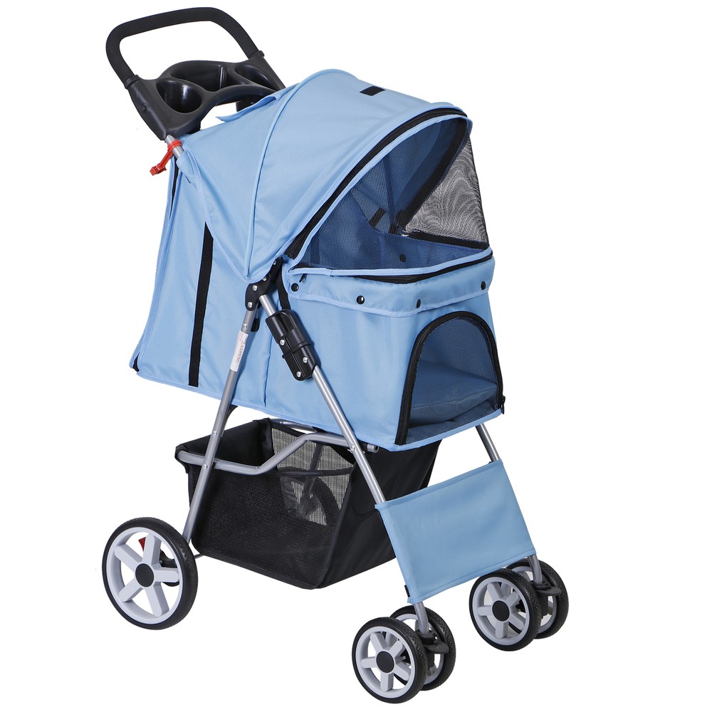 4 Wheel Pet Stroller Foldable Dog Stroller Cat Stroller with Storage Basket Blue