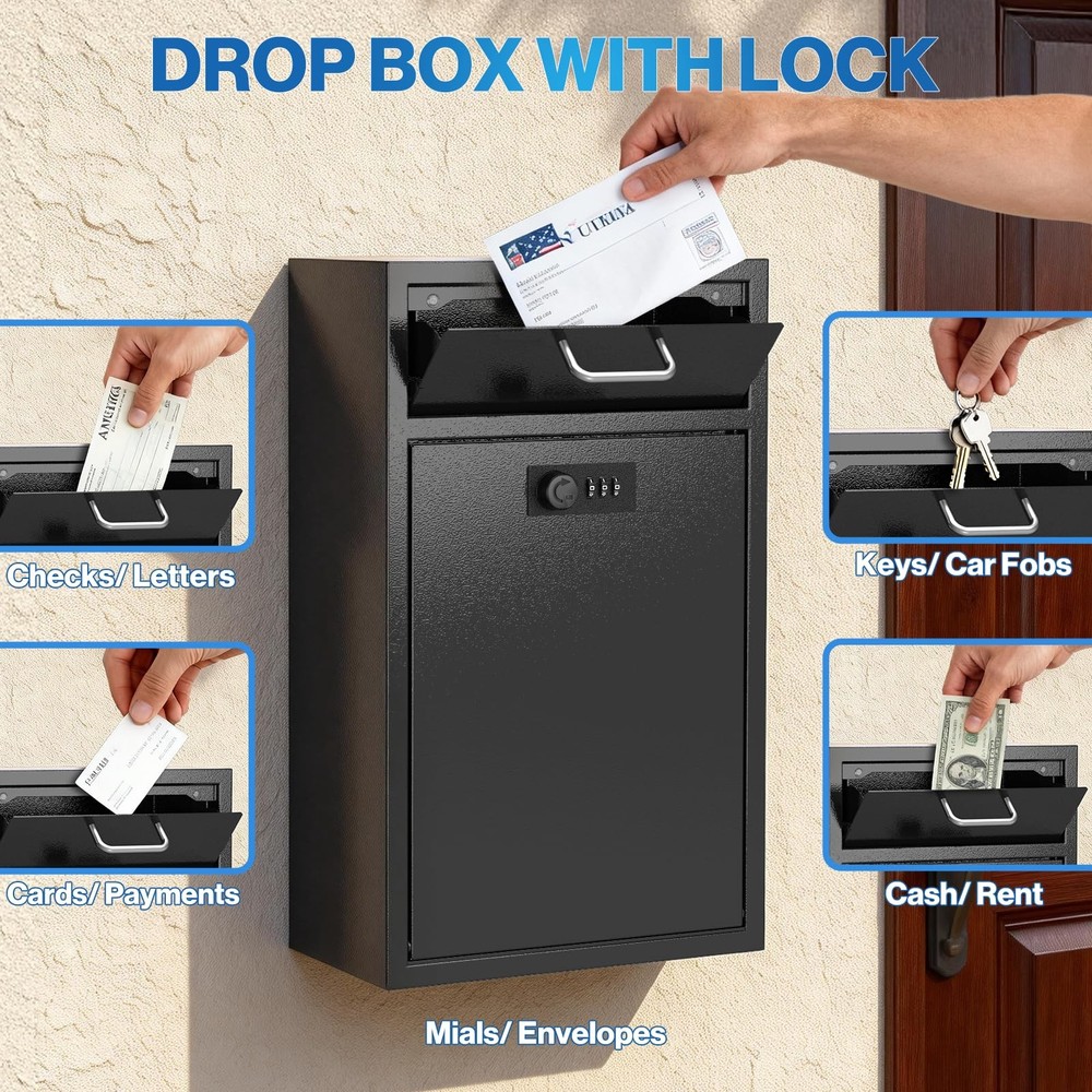 Locking Wall Mailbox Drop Safe for Business, 1.2mm Lock Code 8.6"x4.75"x14.25"