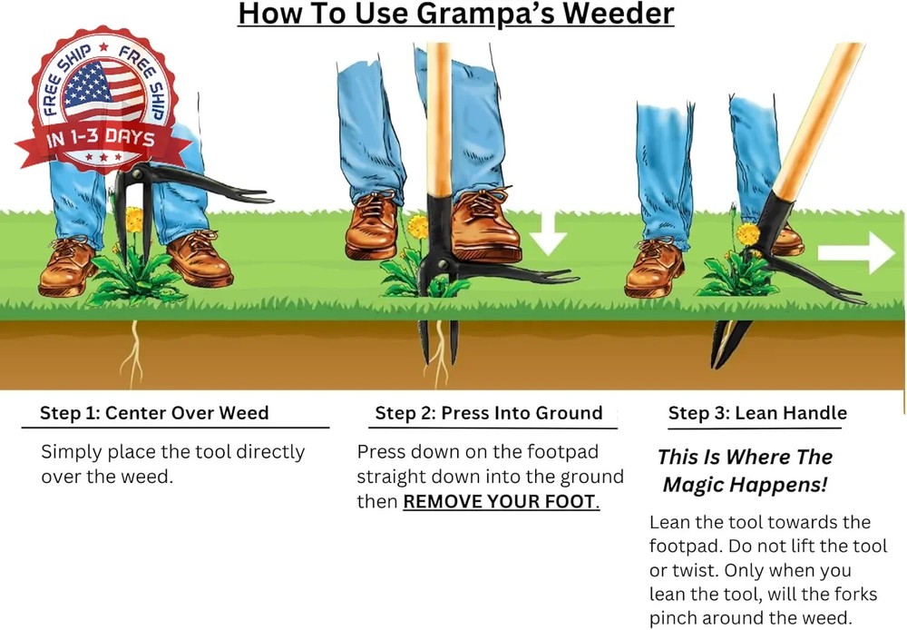 Grampa's Weeder - The Original Stand Up Weed Puller Tool with Long Handle - Made