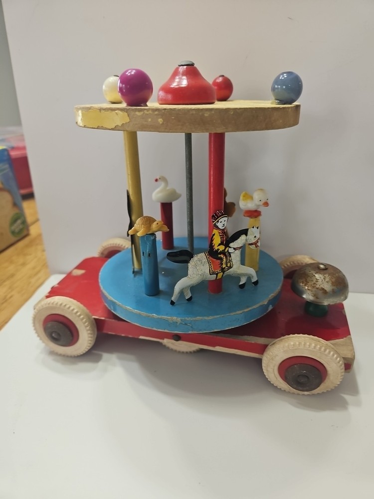 Vintage Brio Wood Carousel Karusell Merry-Go-Round Pull Toy Bell Missing String
