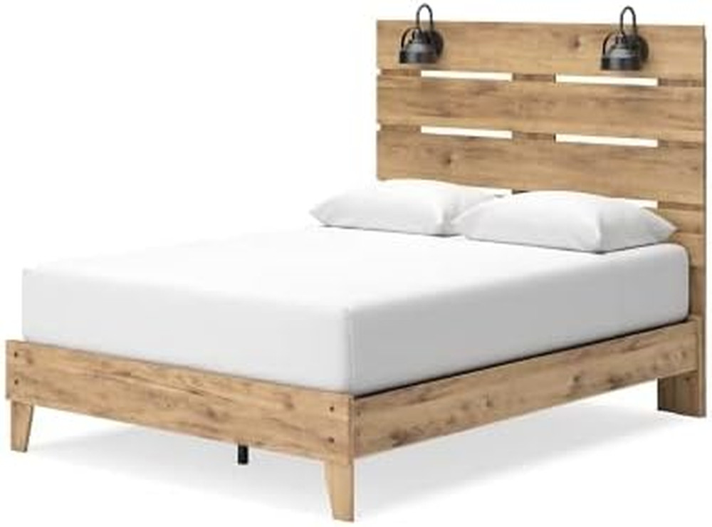 Rustic Queen Headboard with 2 Sconce Lights - Light Brown Finish