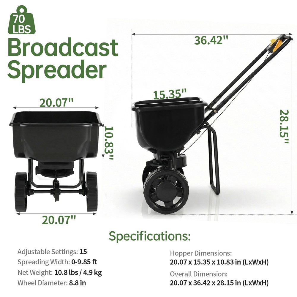 Broadcast Spreader,70LBS Capacity, Walk-Behind Push Spreader with Hopper Grate