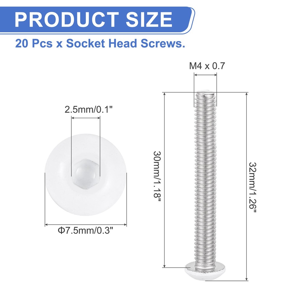 20 Pcs M4-0.7 x 30mm Button Head Socket Cap Screw Machine Screw, White