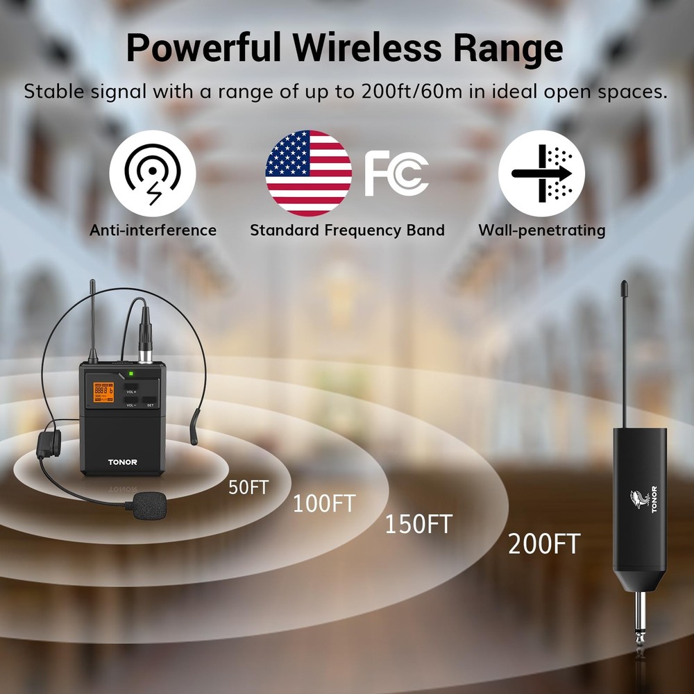 UHF Wireless Microphone System with Headset Mic/Lavalier Lapel Mic, Bodypack Tra