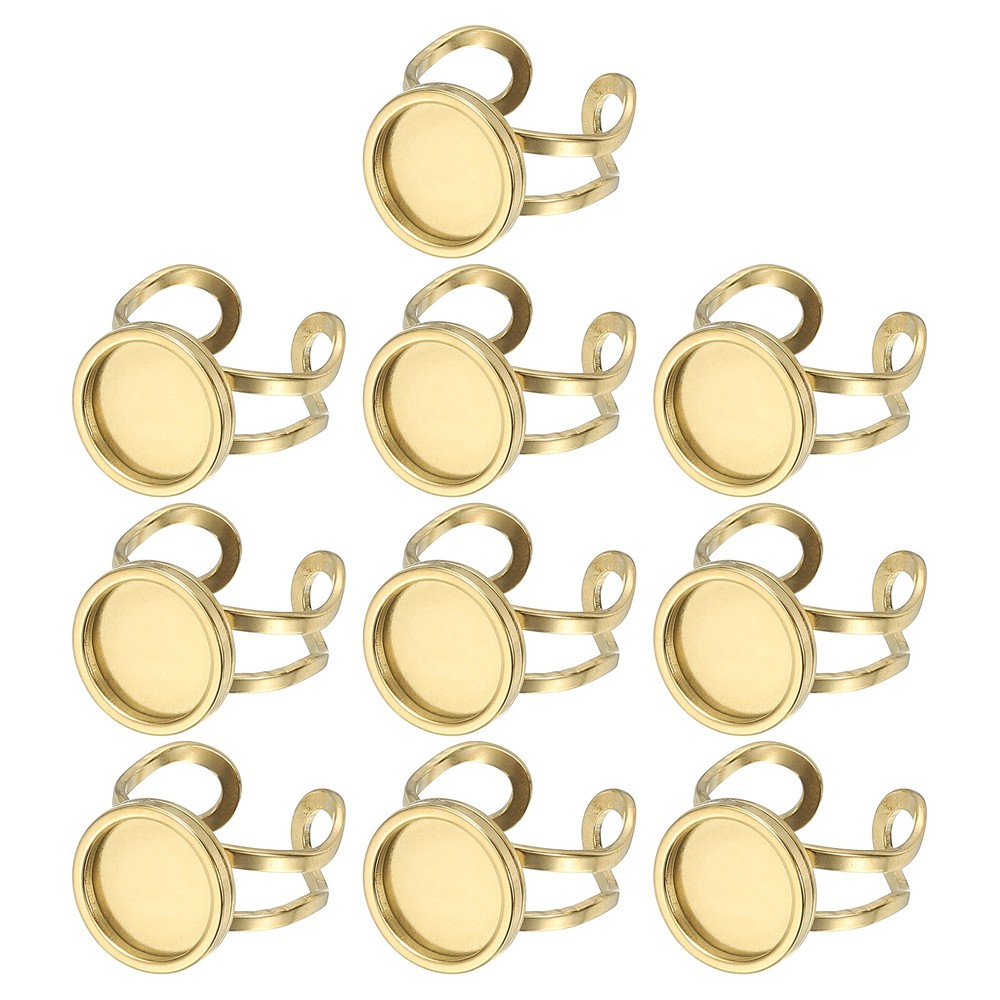 Stainless Ring Blank, 12mm 10 Pcs Adjustable Finger Ring Flat Pad Tray, Gold