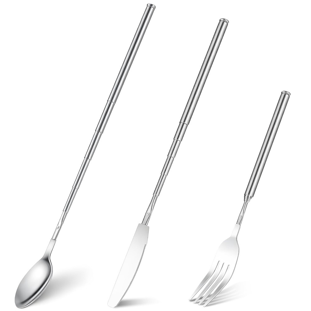 3 Pcs Extendable Fork, Knife and Spoon Set Stainless Steel Telescopic Tableware
