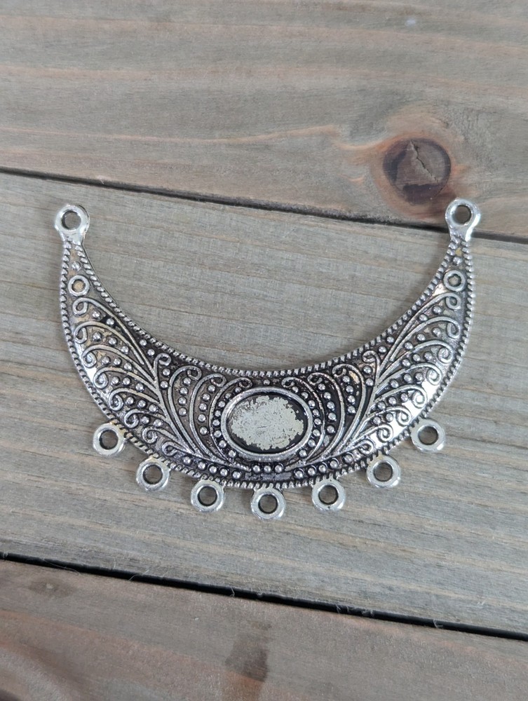 Big Tibetan Silver Crescent Necklace Cabochon Setting Multi strand Connector