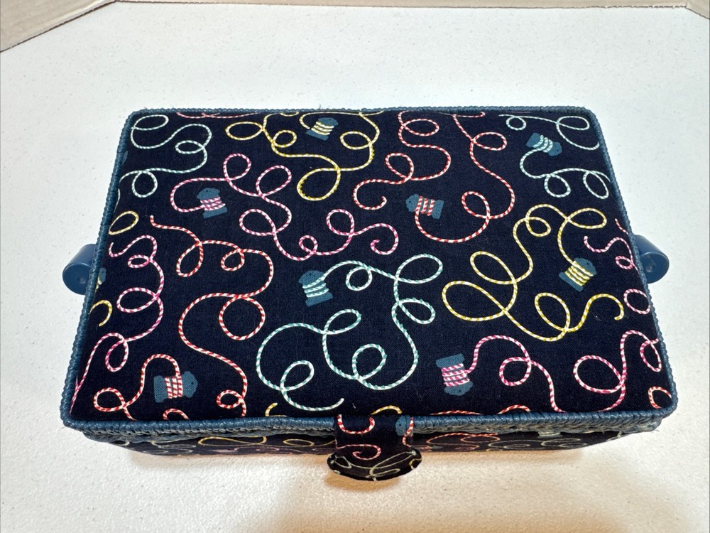 Sewing Basket Box Blue Fabric Plastic Woven Handle