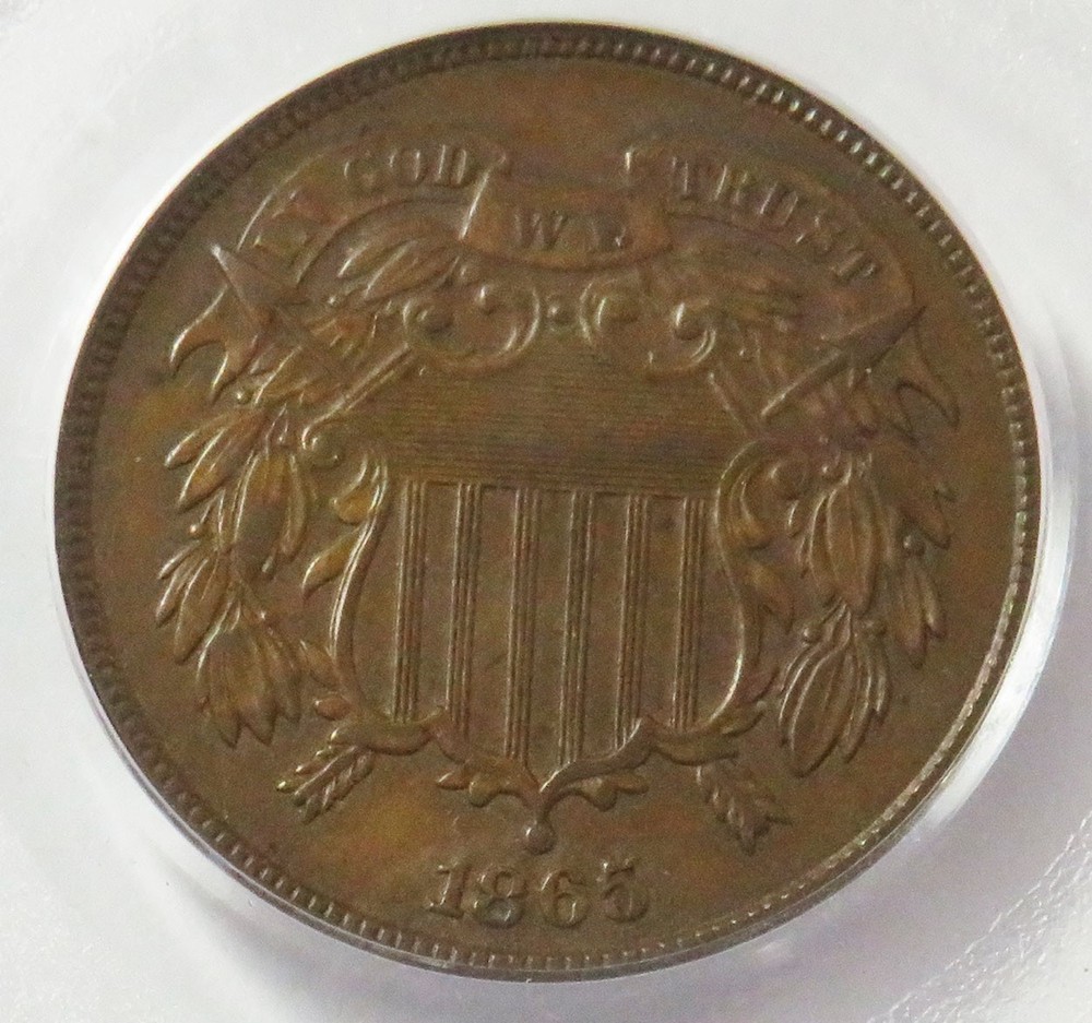 1865 USA TWO CENT COIN PCGS ABOUT UNC 55