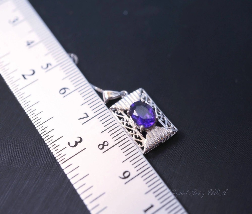 Sterling Silver Amethyst Necklace, Geometric Rectangle Natural Amethyst Pendant