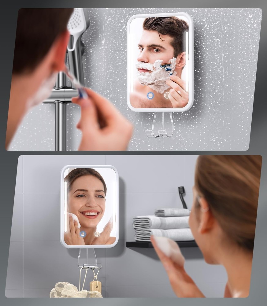 Fogless Shower Mirror with Light Rechargeable Battery Waterproof Wall Mount