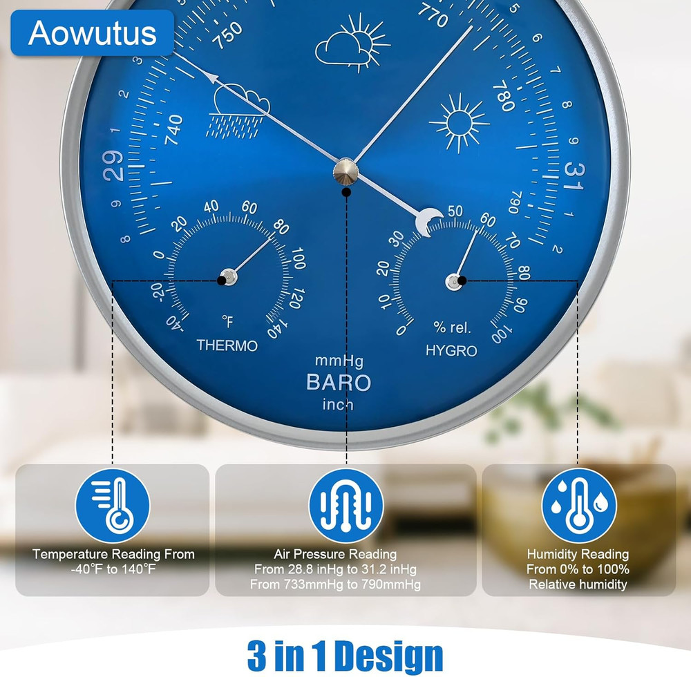 3 in 1 Barometer Thermometer Hygrometer, 7 in Diameter Dial Type Barometer, Trad