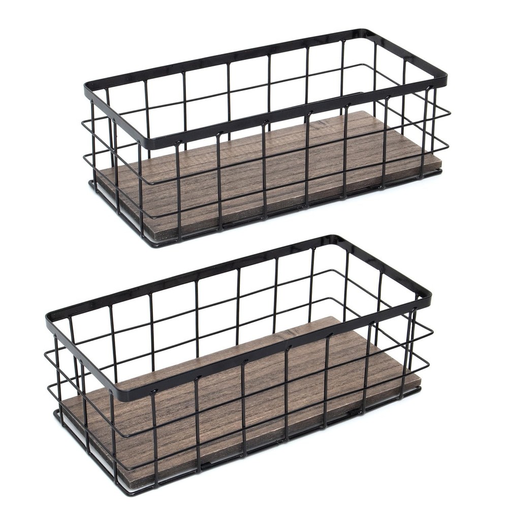 Small Metal Wire Storage Basket, Decorative Wood Base Organizer Bins for Bath...