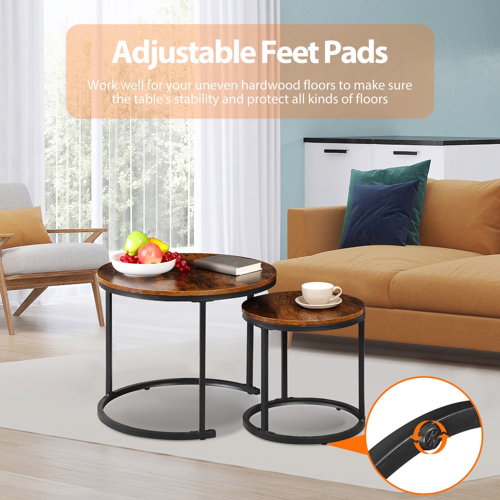 Set of 2 Nesting Coffee Table Round End Side Table for Small Spaces Rustic Brown