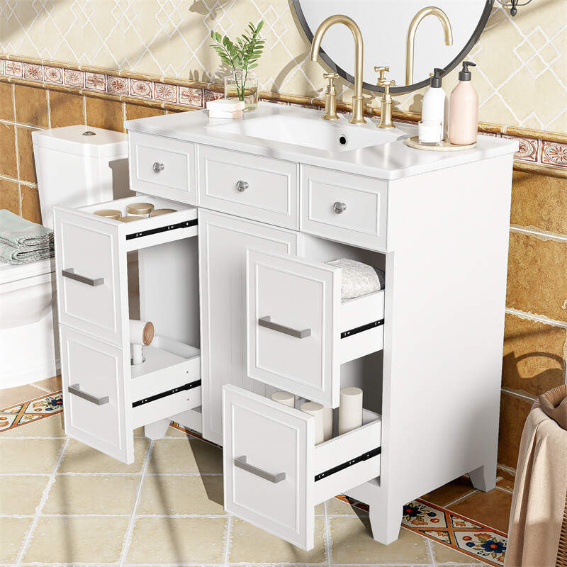 36" White Bathroom Vanity Set,Solid Wood Frame w/Ceramic Sink &Versatile Storage