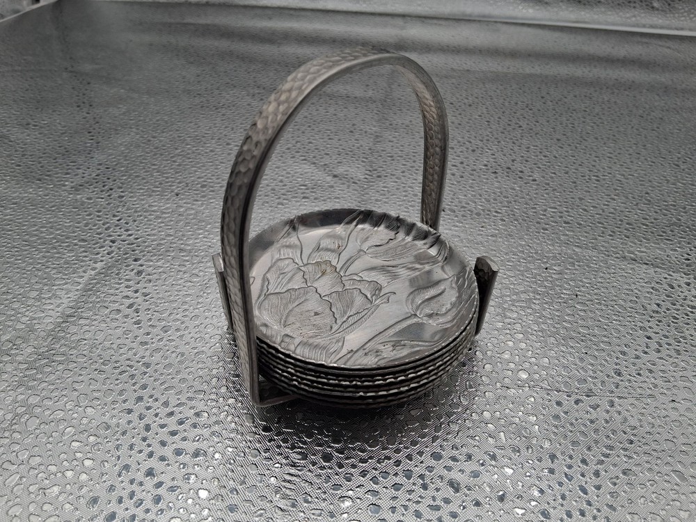 Hammered Aluminum 8 Coaster Set with Carrier - Cabbage Rose Design