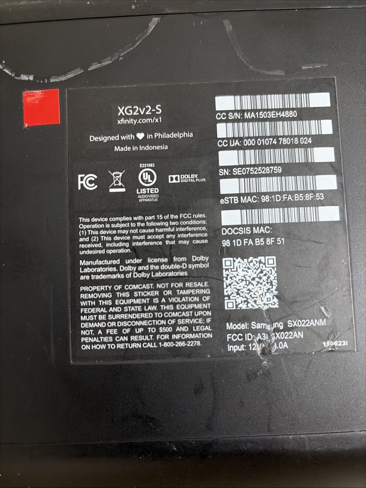 Xfinity Cable Box, model XG2v2-S. With Power Supply