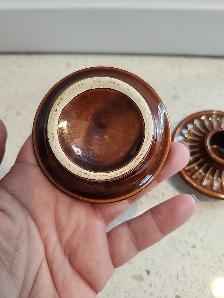 Vintage Stoneware Candle Holder Pair Brown