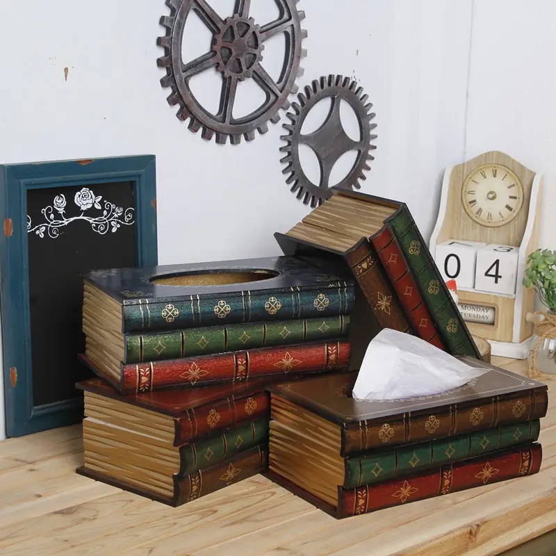 Classical Wooden Antique Book Tissue Box Cover Rectangular Tissue box(black-top)