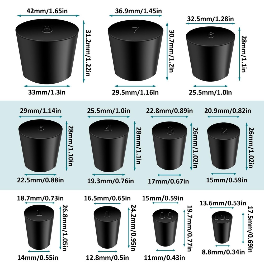 Black 22Pcs Solid Rubber Stoppers，Lab Plug 000#-8# Sizes Tapered Lab