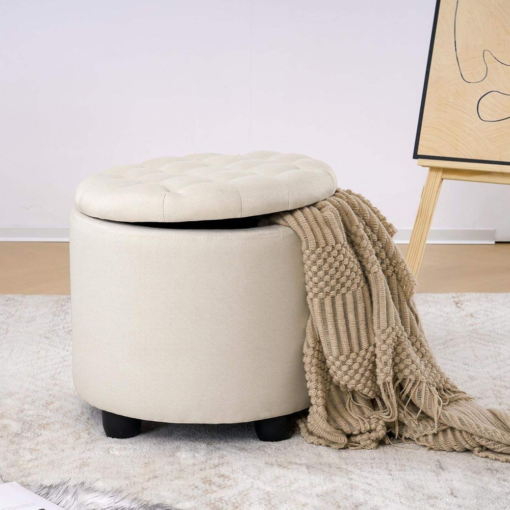 Beige Round Storage Ottoman Featuring Removable Lid