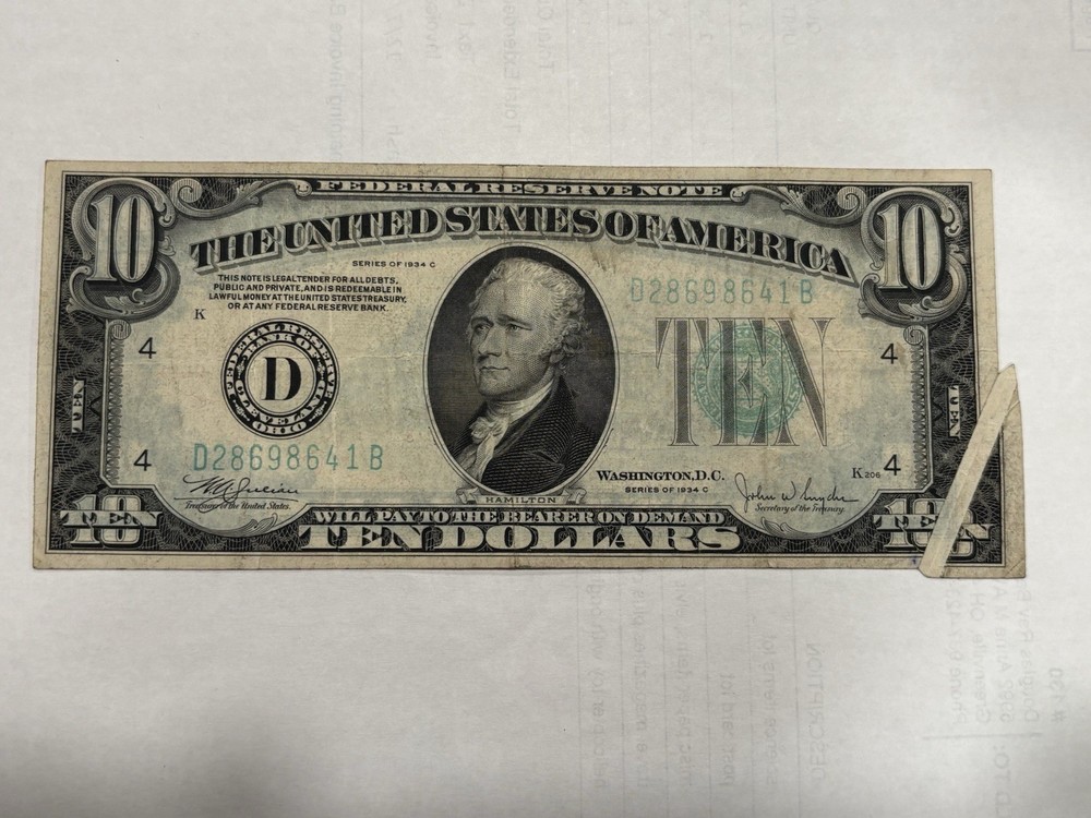 1934C $10 Federal Reserve Note GUTTER FOLD ERROR