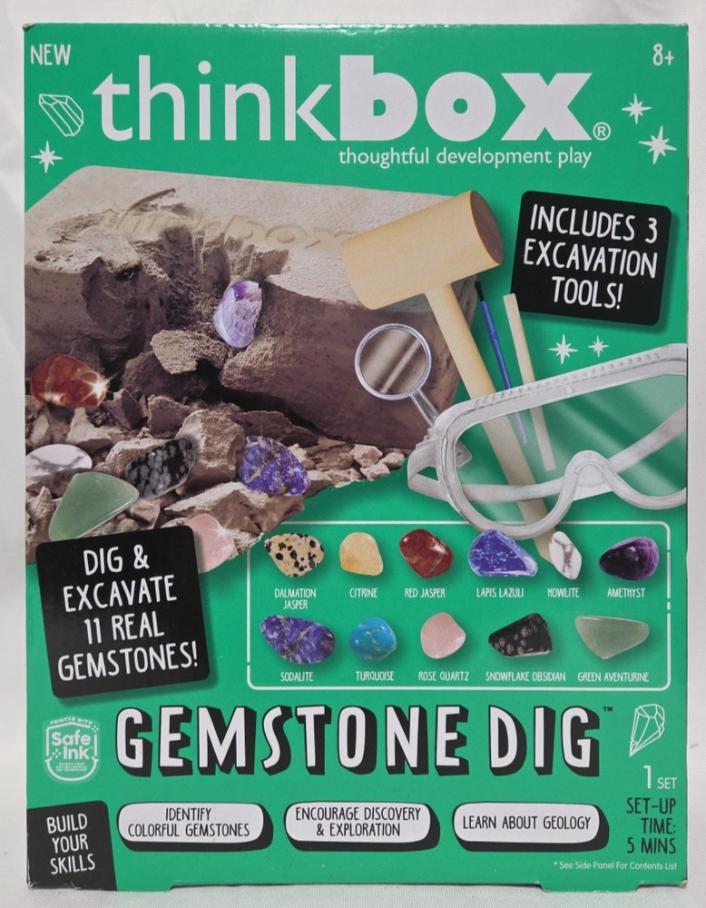 THINK BOX GEMSTONE DIG ~ 3 EXCAVATION TOOLS ~ 6 REAL GEMSTONES
