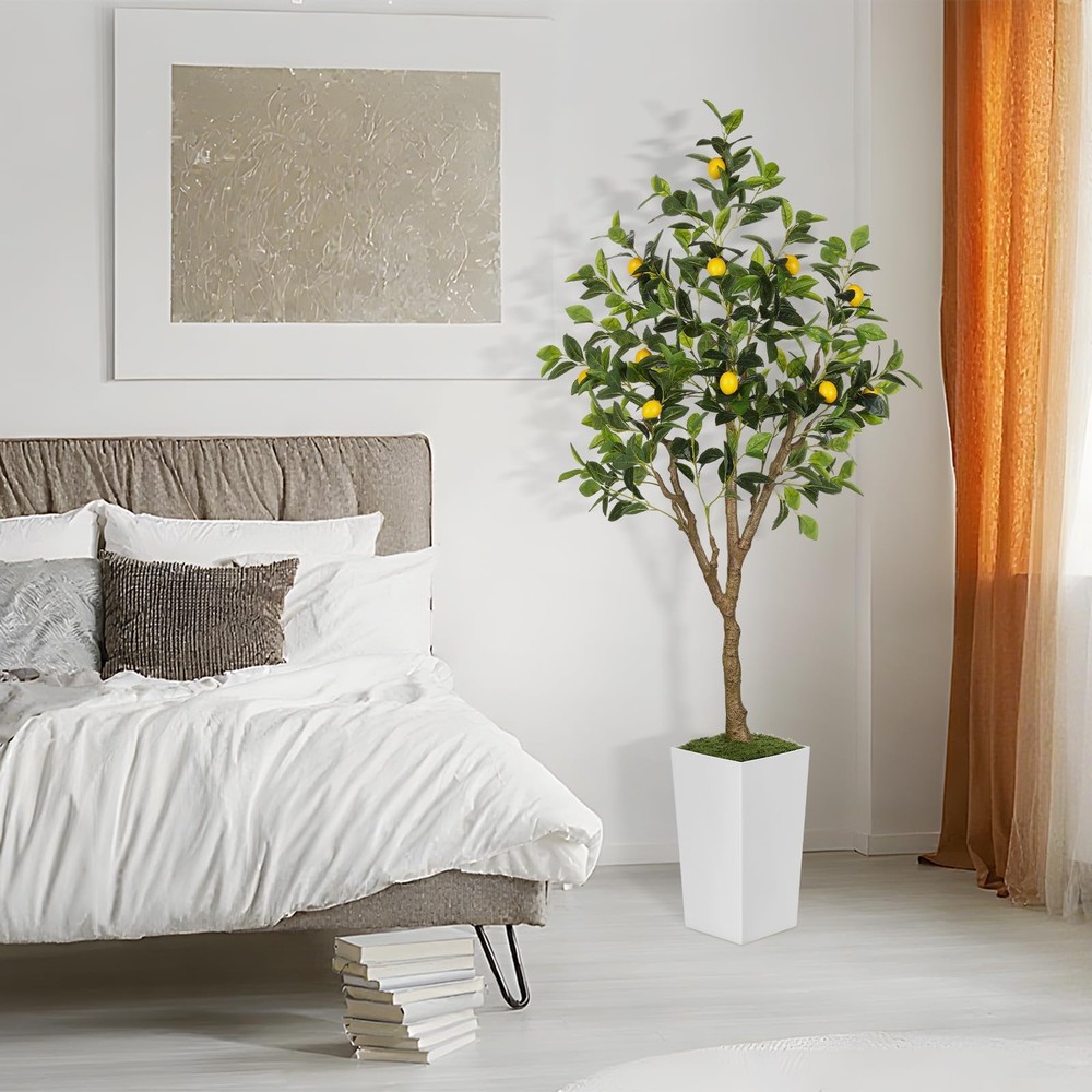 6FT Artificial Lemon Tree with Pot, Fake Lemon Tree with White Tall Planter, ...