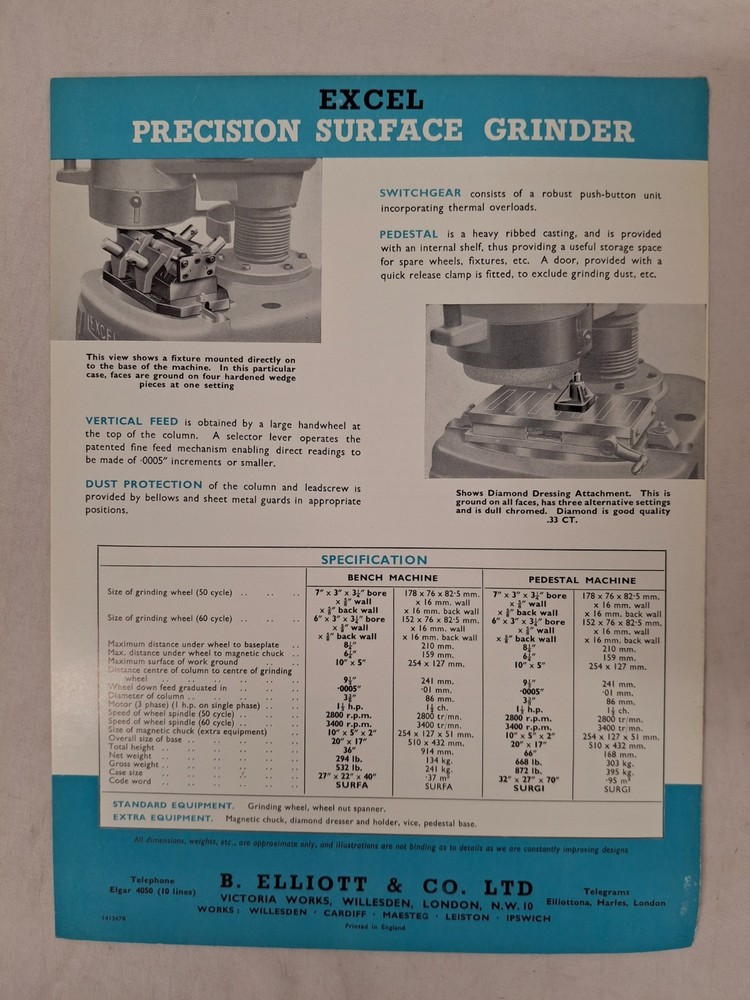 Excel Bench Precision Surface Grinder Model 1 England Bulletin 4-Pages