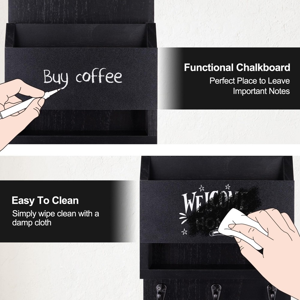 Black Key, Mail Holder, Wall, Chalkboard, Storage Box, 3 Hooks, Entryway, Org