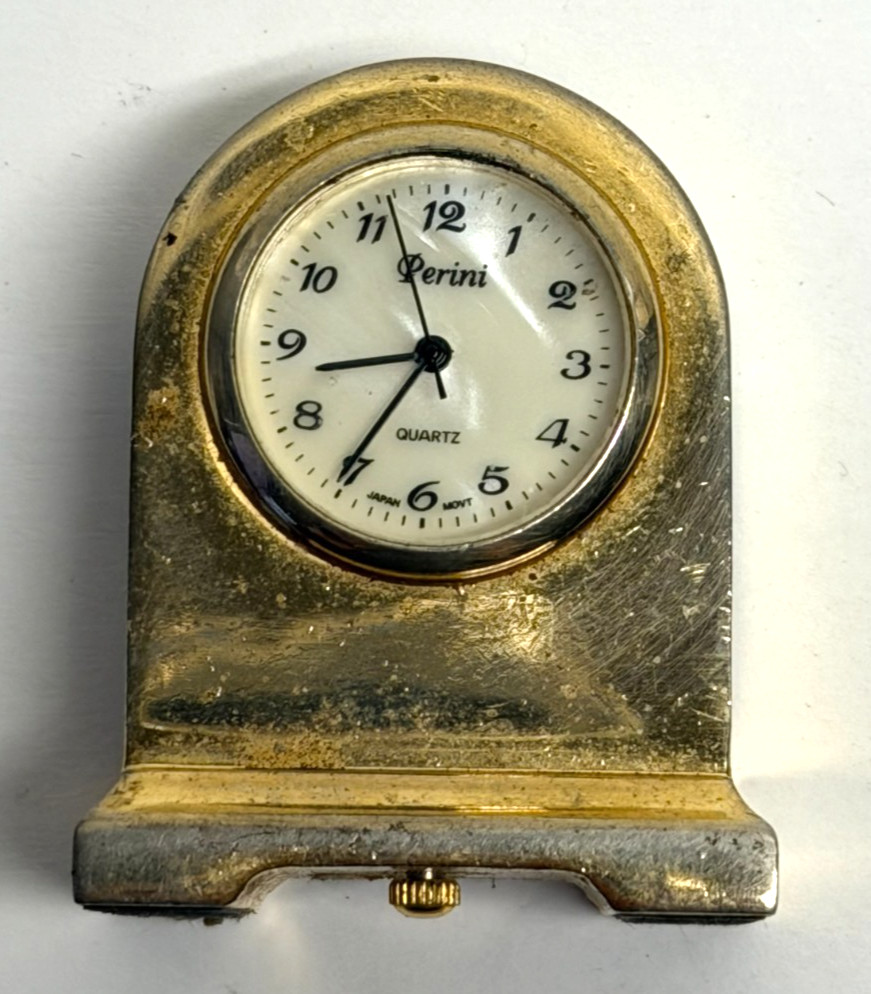 Vintage "Perini" Gold Tone Mini Clock - Quartz Analog - Untested