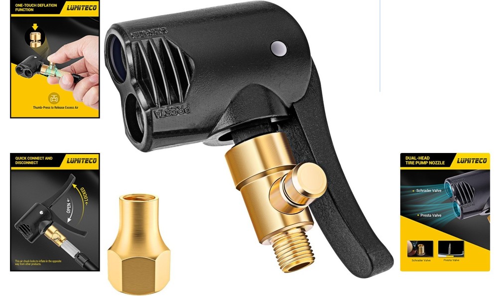 Locking Presta & Schrader Air Chuck with One-Touch Deflation for Efficient Use