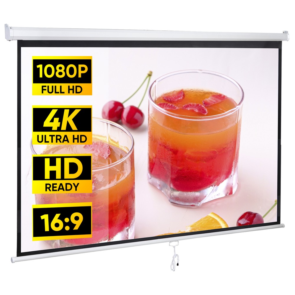 80'' Projector Screen Pull Down 16:9 4K HD Portable Indoor Home Theater Screen