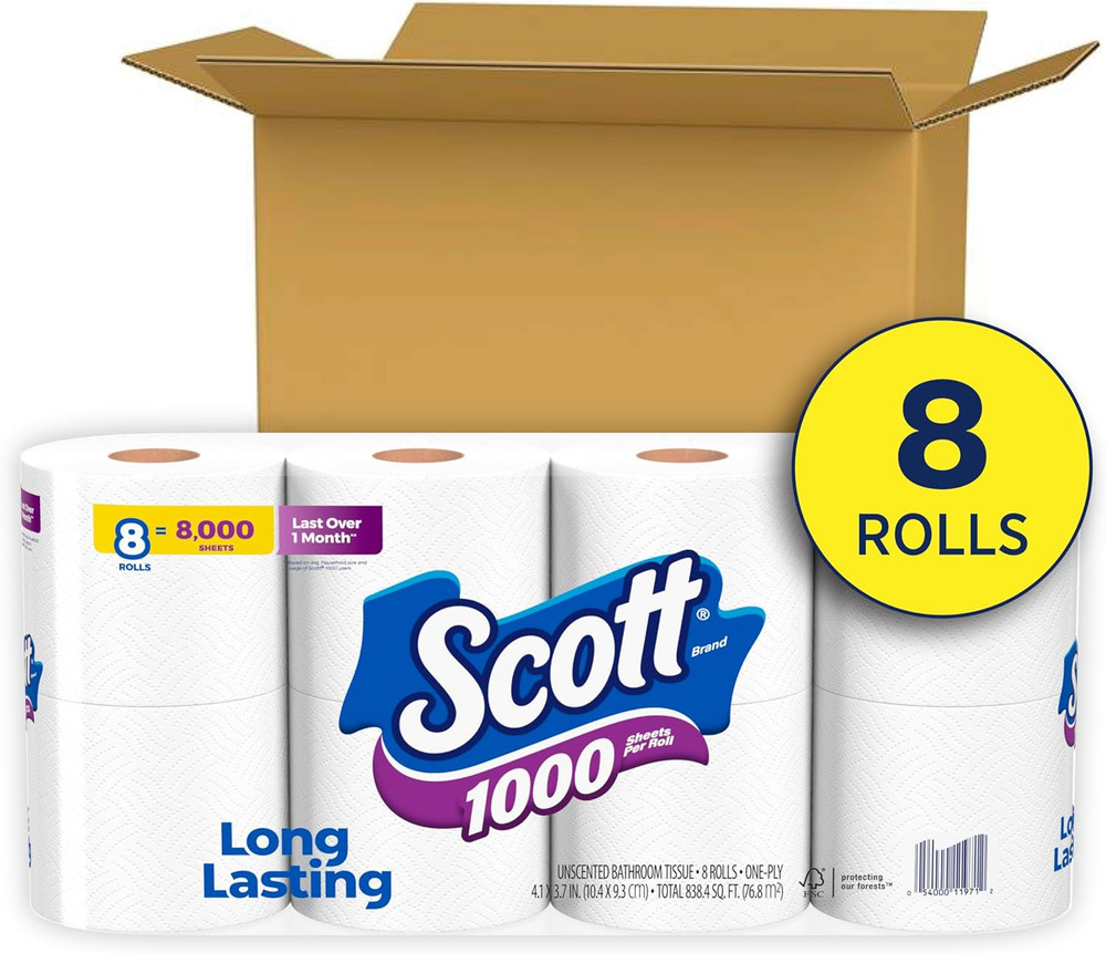 1000 Sheets per Roll, 8 Toilet Paper Rolls, Bath Tissue