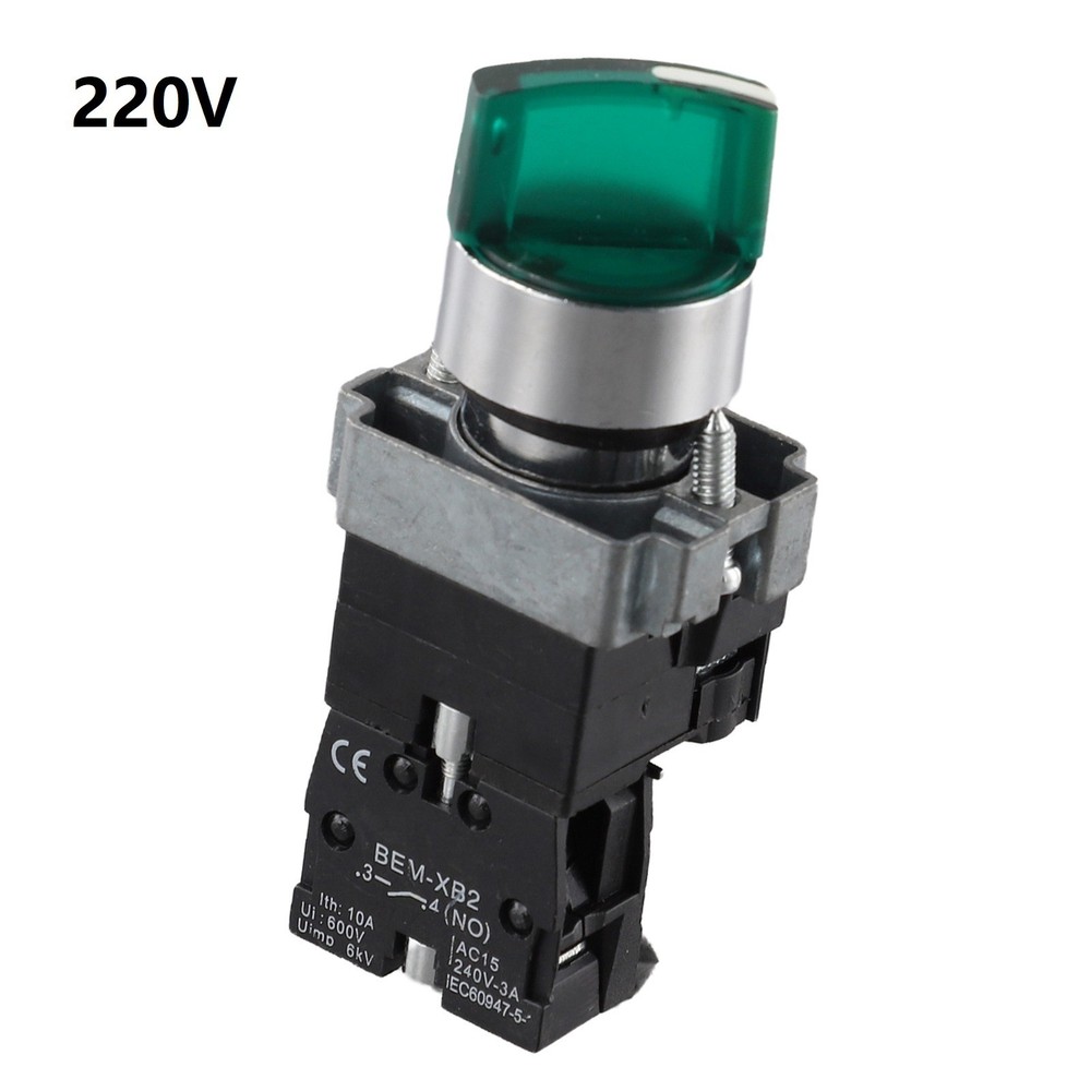 22MM 220V Rotary Switch with Green LED Light Self Locking ON OFF Knob Button