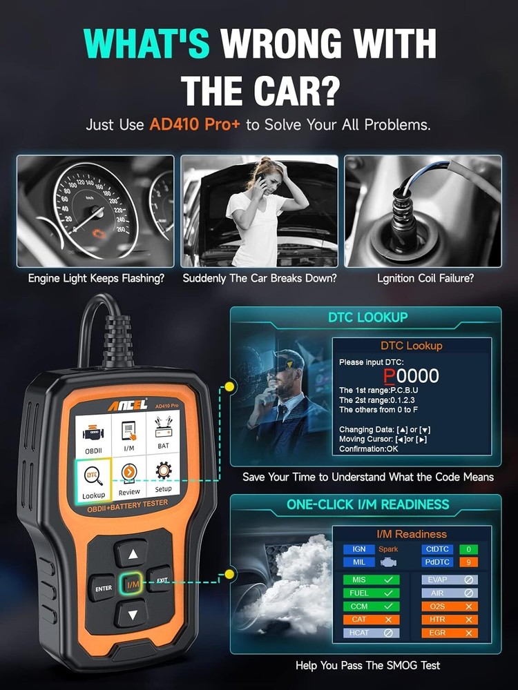 ANCEL AD410 Pro+ 2 in 1 OBD2 Scanner Battery Tester Diagnostic Tool Check Engine