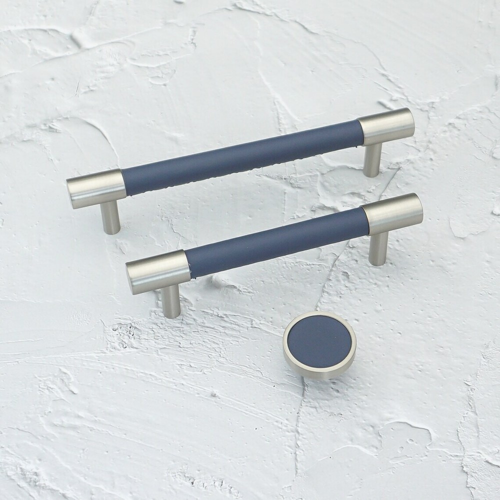 MFYS Navy Blue Leather & Brushed Nickel Cabinet Handle Wardrobe Pull Drawer Pull