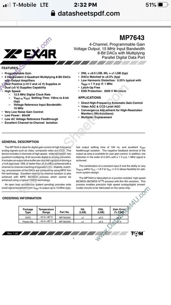 EXAR MP7643AS Programmable Gain Voltage Output.
