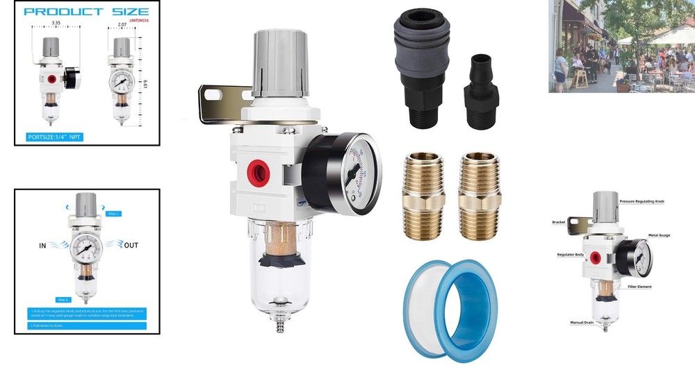 Compressed Air Filter Regulator with Polycarbonate Bowl & Drain Feature