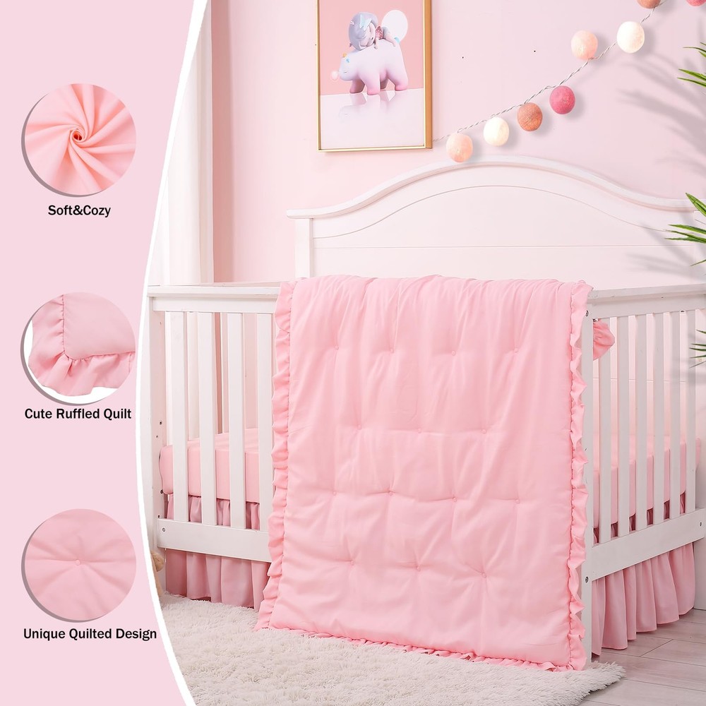 Cloele 3 Pieces Crib Bedding Set for Girls- Solid Ruffle Quilted Includes Comfor