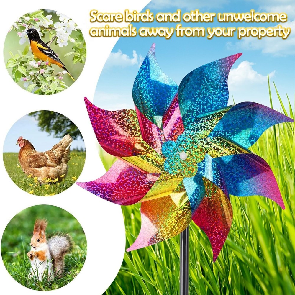 10-Pack Reflective Rainbow Pinwheels - Bird Repellent Solution for Garden Pro...