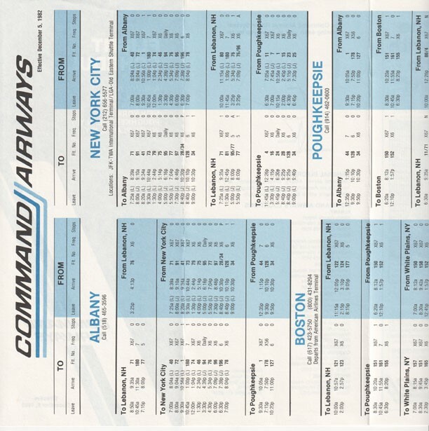 Command Airways timetable 1982/12/05