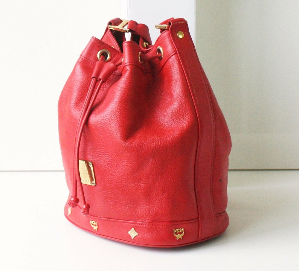 Vintage MCM Leather Drawstring Shoulder Cross handbag Red authentic