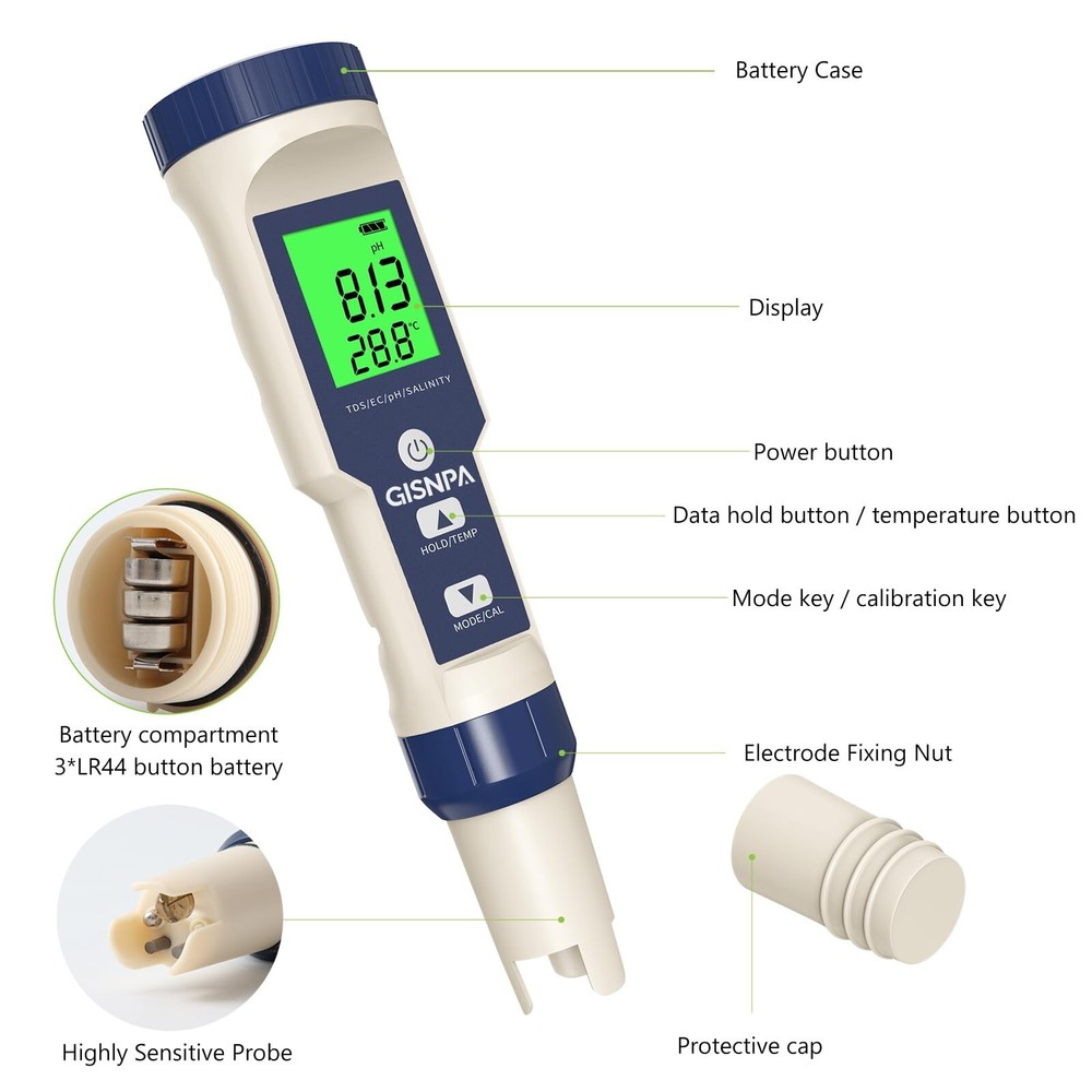 PH Meter, 5 in 1 pH/TDS/EC/Salinity/Temp Meter, Waterproof Pool Salt Tester, ...